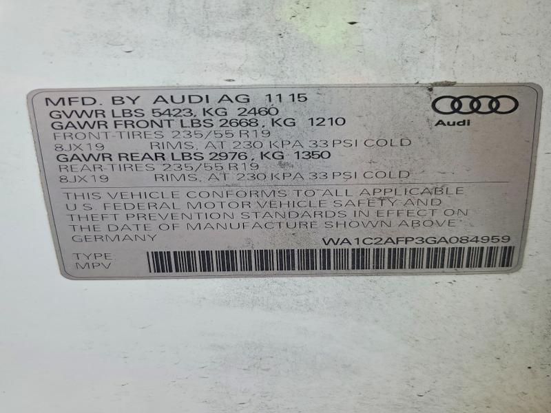 Aukcja sprzedaży 2016 Audi Q5, vin: WA1C2AFP3GA084959, numer aukcji: 61580646