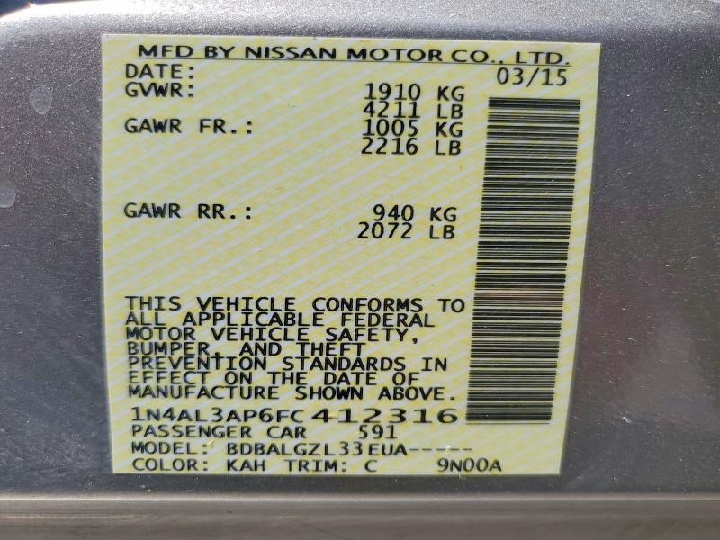 Aukcja sprzedaży 2015 Nissan Altima, vin: 1N4AL3AP6FC412316, numer aukcji: 60430496