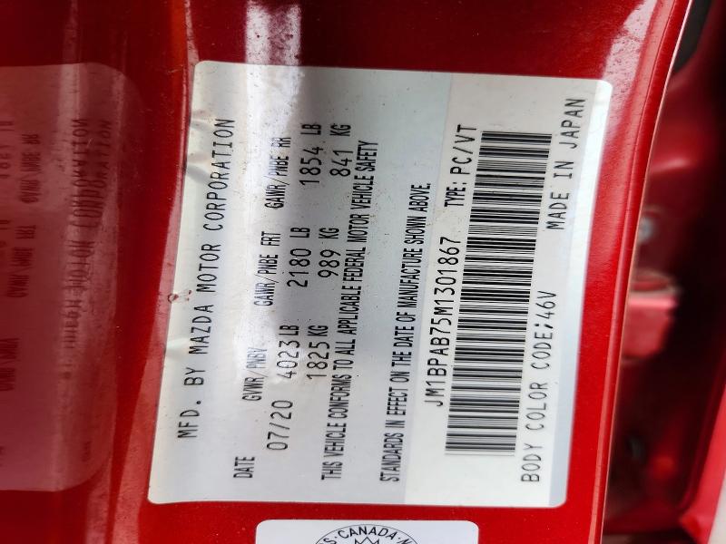 62917996 :رقم المزاد ، JM1BPAB75M1301867 vin ، 2021 Mazda 3 مزاد بيع