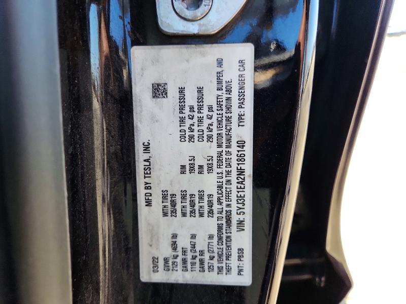 Продажа на аукционе авто 2022 Tesla Model 3, vin: 5YJ3E1EA2NF186140, номер лота: 62119866