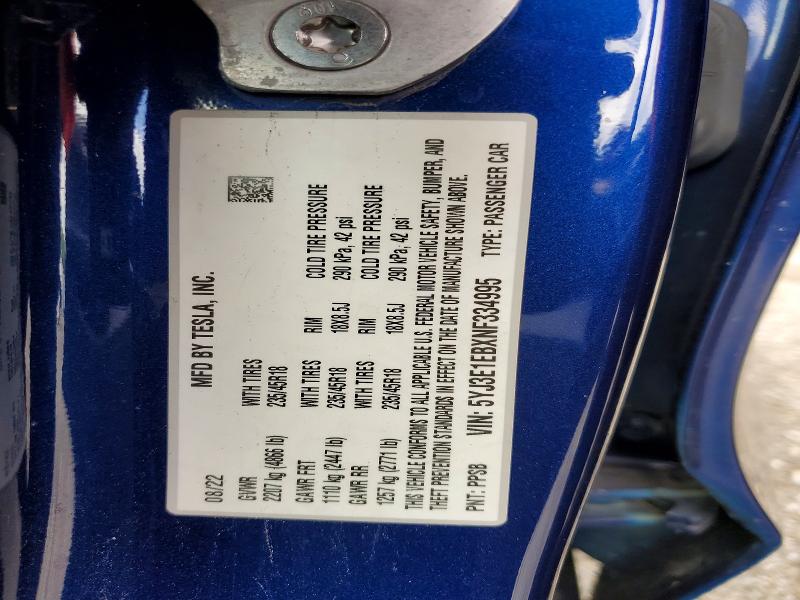 Aukcja sprzedaży 2022 Tesla Model 3, vin: 5YJ3E1EBXNF334995, numer aukcji: 62088636