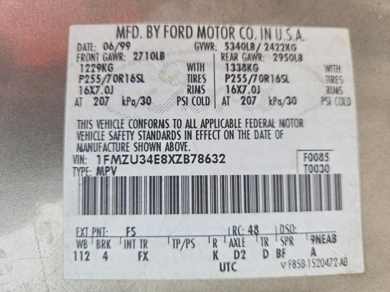 1999 Ford Explorer მანქანა იყიდება აუქციონზე, vin: 1FMZU34E8XZB78632, აუქციონის ნომერი: 61583136
