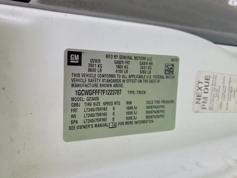 2015 Chevrolet Express G2500 მანქანა იყიდება აუქციონზე, vin: 1GCWGFFF7F1223787, აუქციონის ნომერი: 62923996