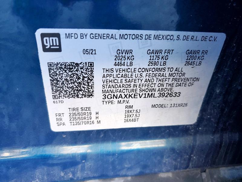 2021 Chevrolet Equinox მანქანა იყიდება აუქციონზე, vin: 3GNAXKEV1ML392633, აუქციონის ნომერი: 59771176