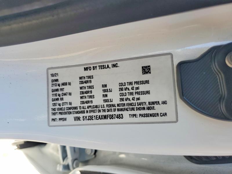 Aukcja sprzedaży 2021 Tesla Model 3, vin: 5YJ3E1EAXMF087483, numer aukcji: 59976036