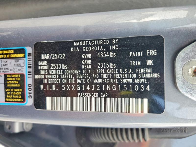 59853806 :رقم المزاد ، 5XXG14J21NG151034 vin ، 2022 Kia K5 مزاد بيع