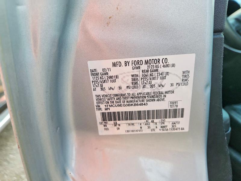 2011 Ford Escape მანქანა იყიდება აუქციონზე, vin: 1FMCU9EG3BKB64843, აუქციონის ნომერი: 60876356