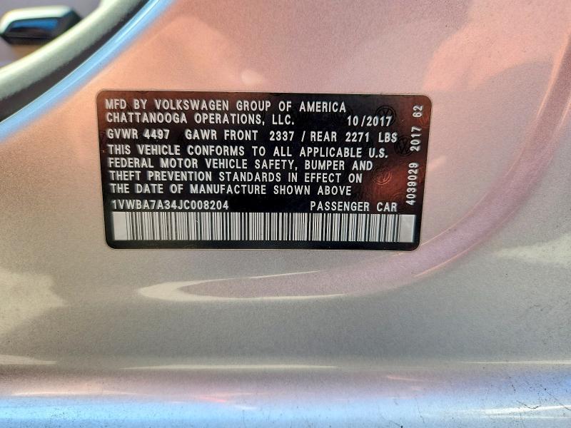 62112946 :رقم المزاد ، 1VWBA7A34JC008204 vin ، 2018 Volkswagen Passat مزاد بيع
