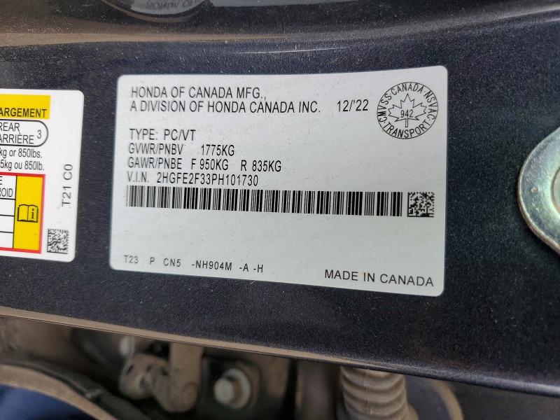 60149526 :رقم المزاد ، 2HGFE2F33PH101730 vin ، 2023 Honda Civic مزاد بيع