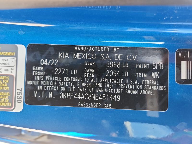 Продажа на аукционе авто 2022 Kia Forte, vin: 3KPF44AC8NE481449, номер лота: 59631736