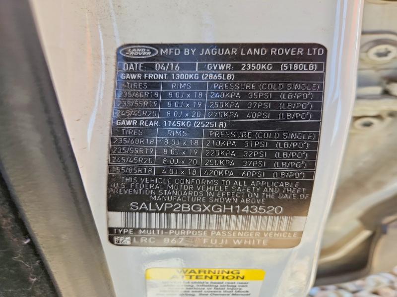 Продажа на аукционе авто 2016 Land Rover Range Rover Evoque, vin: SALVP2BGXGH143520, номер лота: 59985436