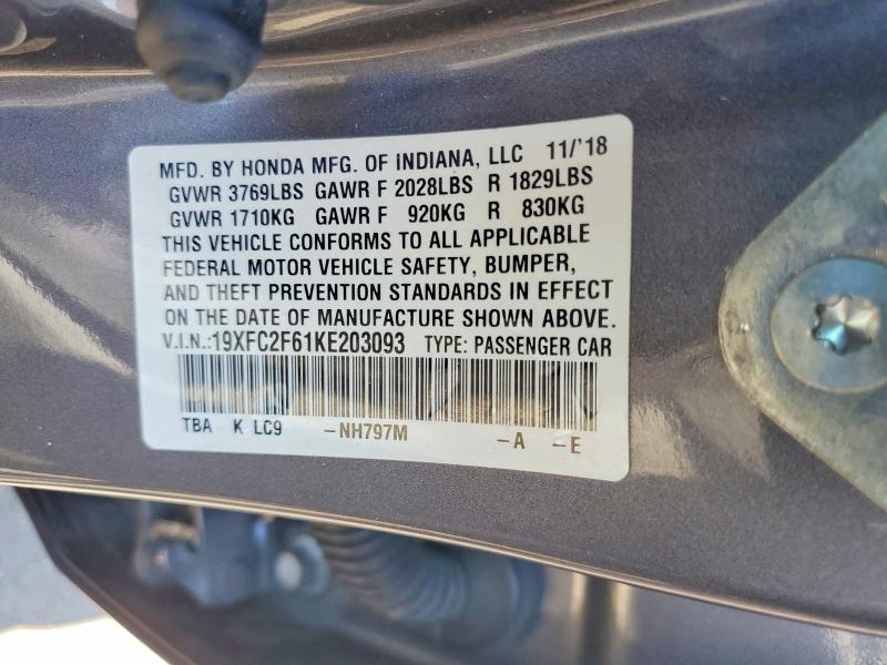 Aukcja sprzedaży 2019 Honda Civic, vin: 19XFC2F61KE203093, numer aukcji: 63344536