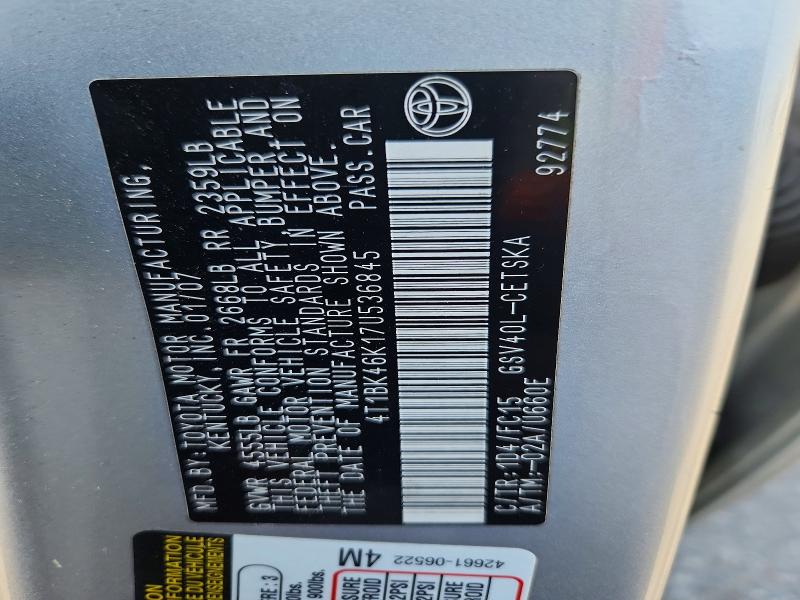 Aukcja sprzedaży 2007 Toyota Camry, vin: 4T1BK46K17U536845, numer aukcji: 61692506