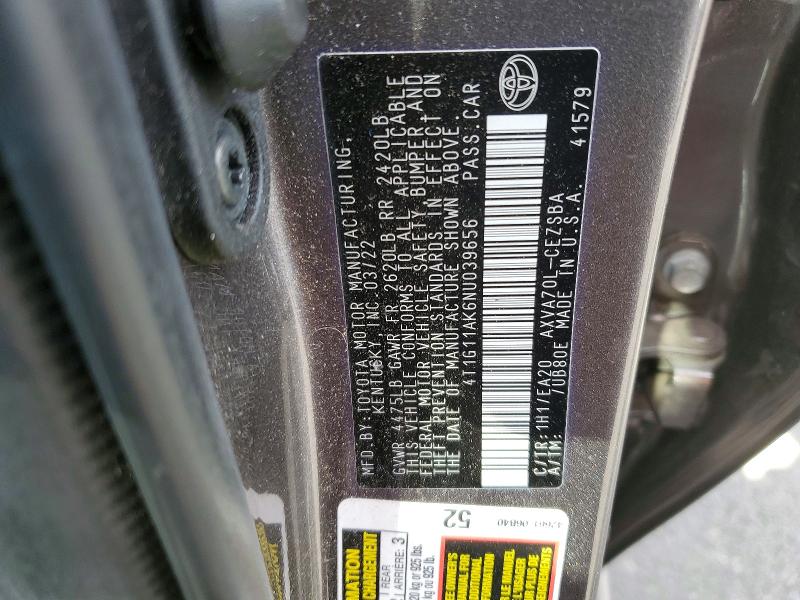 Продаж на аукціоні авто 2022 Toyota Camry, vin: 4T1G11AK6NU039656, номер лоту: 59716916