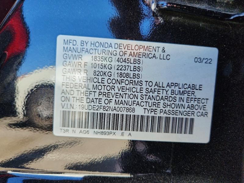 60082716 :رقم المزاد ، 19UDE2F82NA007868 vin ، 2022 Acura Ilx مزاد بيع