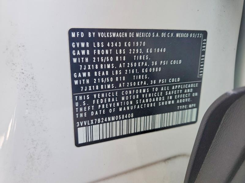 61410496 :رقم المزاد ، 3VVLX7B24NM058408 vin ، 2022 Volkswagen Taos مزاد بيع