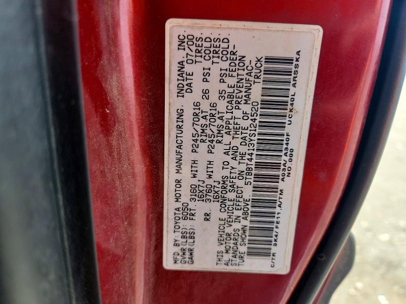 2000 Toyota Tundra მანქანა იყიდება აუქციონზე, vin: 5TBBT4413YS124520, აუქციონის ნომერი: 61161926