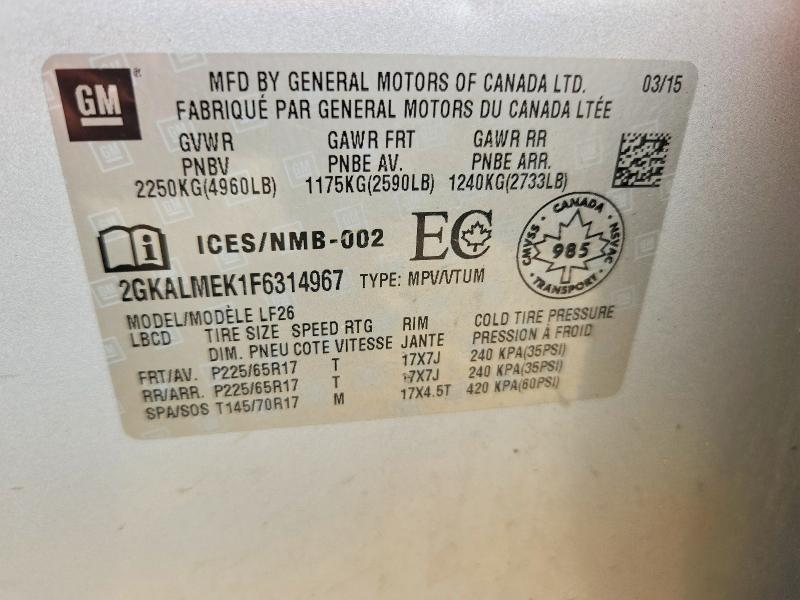 Aukcja sprzedaży 2015 Gmc Terrain, vin: 2GKALMEK1F6314967, numer aukcji: 62343856