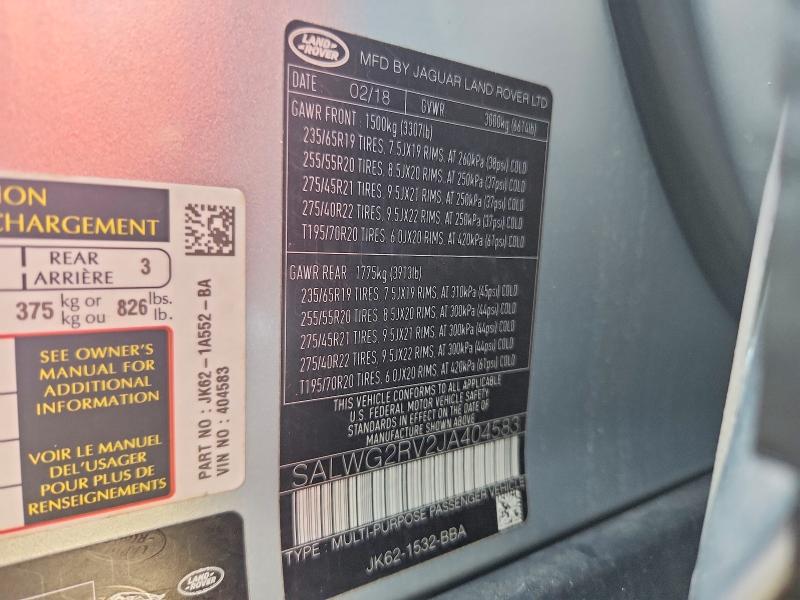 62546106 :رقم المزاد ، SALWG2RV2JA404583 vin ، 2018 Land Rover Range Rover Sport مزاد بيع