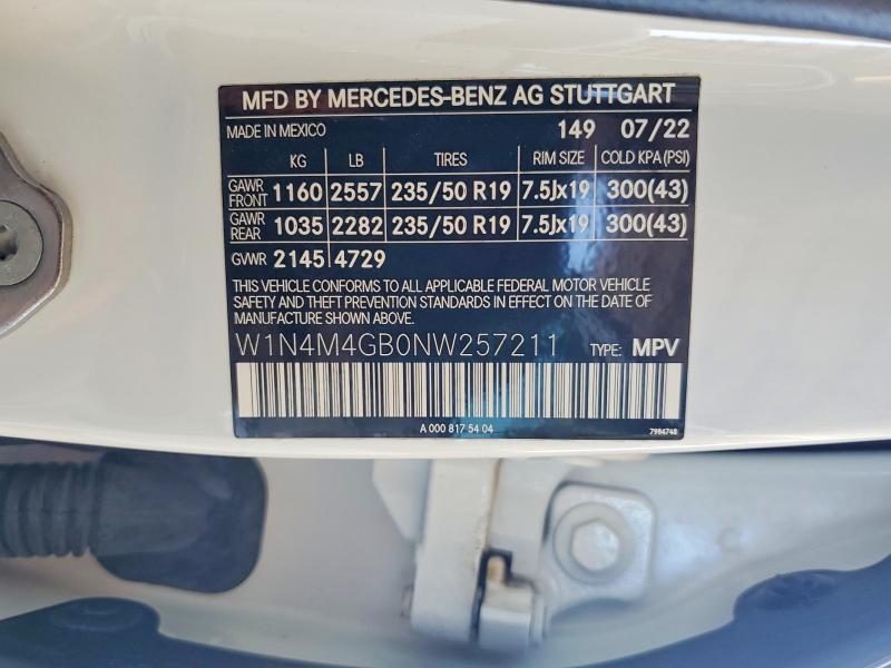 60631276 :رقم المزاد ، W1N4M4GB0NW257211 vin ، 2022 Mercedes-benz Glb مزاد بيع