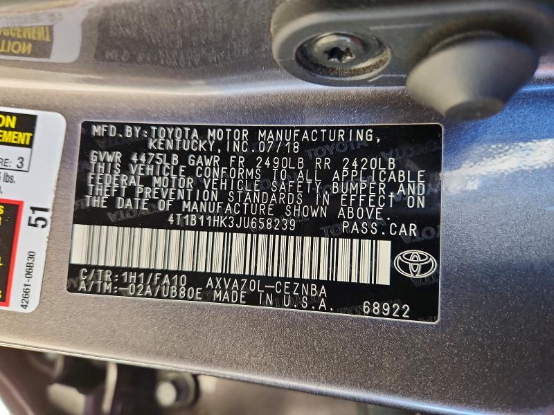 Продаж на аукціоні авто 2018 Toyota Camry, vin: 4T1B11HK3JU658239, номер лоту: 60198046