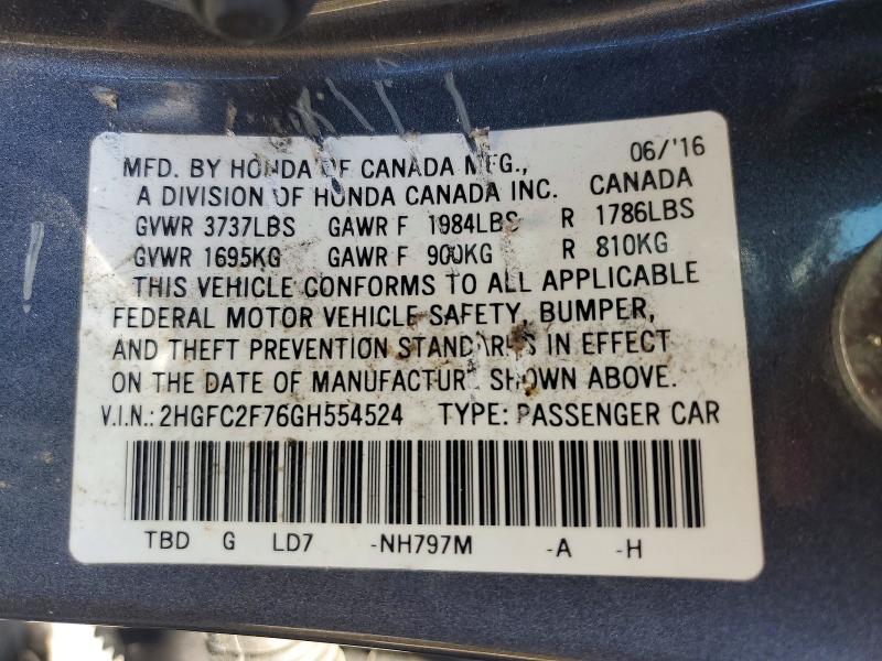 Продаж на аукціоні авто 2016 Honda Civic, vin: 2HGFC2F76GH554524, номер лоту: 60632076