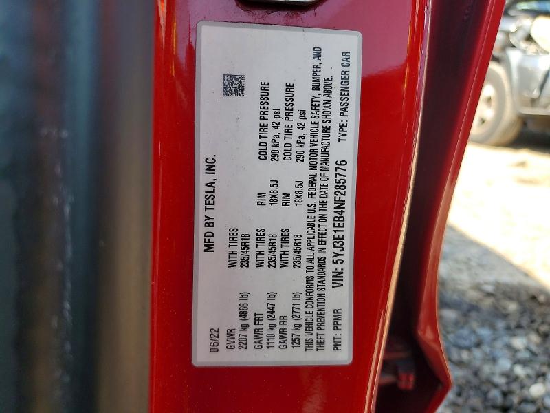 Продажа на аукционе авто 2022 Tesla 3, vin: 5YJ3E1EB4NF285776, номер лота: 58921706