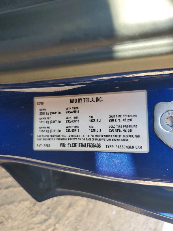 61048636 :رقم المزاد ، 5YJ3E1EB4LF636408 vin ، 2020 Tesla Model 3 مزاد بيع