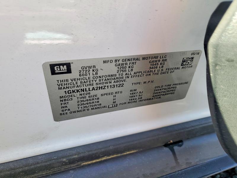 60133186 :رقم المزاد ، 1GKKNLLA2HZ113122 vin ، 2017 Gmc Acadia مزاد بيع