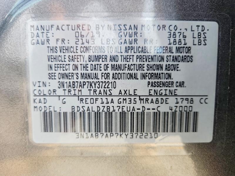 62412026 :رقم المزاد ، 3N1AB7AP7KY372210 vin ، 2019 Nissan Sentra مزاد بيع