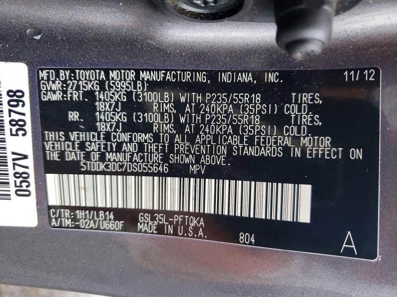 Aukcja sprzedaży 2013 Toyota Sienna, vin: 5TDDK3DC7DS055646, numer aukcji: 63138106