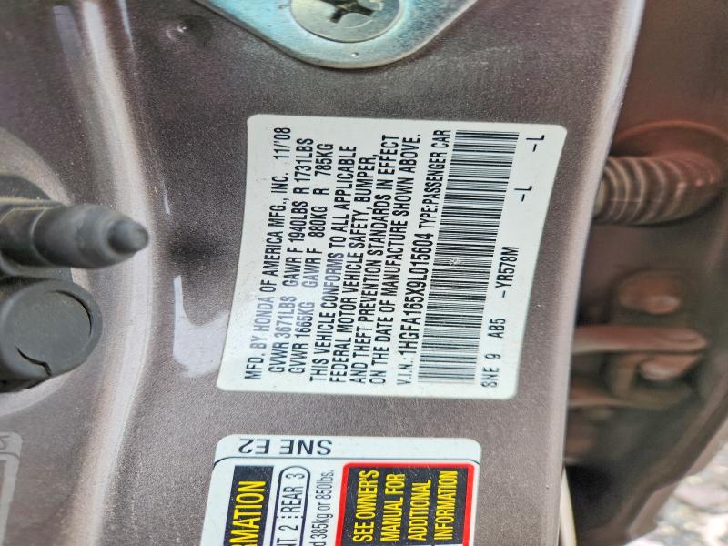 62145286 :رقم المزاد ، 1HGFA165X9L015604 vin ، 2009 Honda Civic مزاد بيع