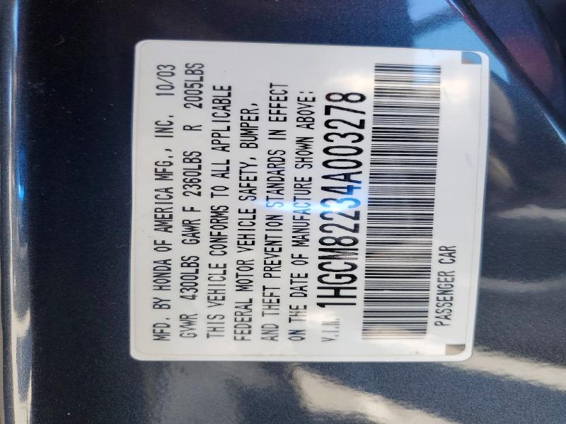 2004 Honda Accord მანქანა იყიდება აუქციონზე, vin: 1HGCM82234A003278, აუქციონის ნომერი: 61986096
