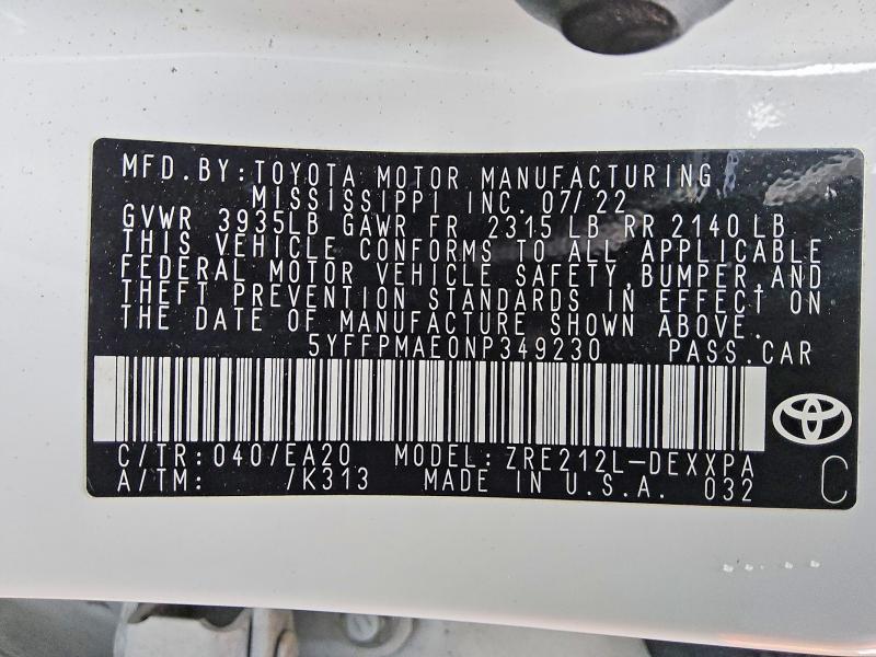 2022 Toyota Corolla მანქანა იყიდება აუქციონზე, vin: 5YFFPMAE0NP349230, აუქციონის ნომერი: 60626826