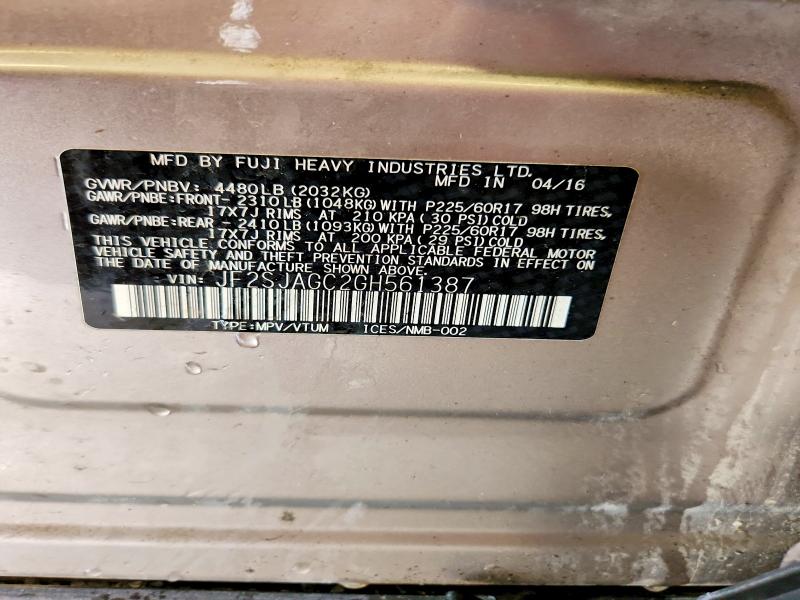 Продаж на аукціоні авто 2016 Subaru Forester, vin: JF2SJAGC2GH561387, номер лоту: 59800356