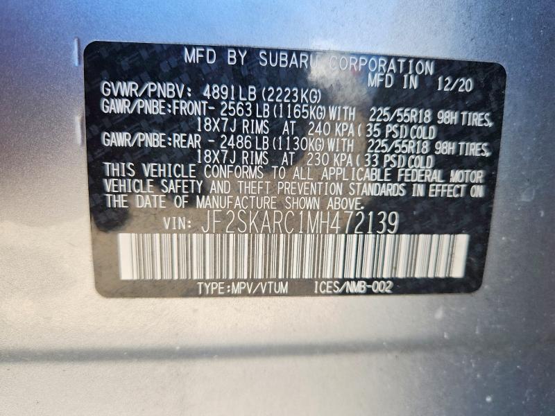Aukcja sprzedaży 2021 Subaru Forester, vin: JF2SKARC1MH472139, numer aukcji: 60588896