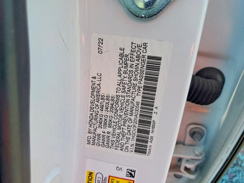 2022 Honda Accord მანქანა იყიდება აუქციონზე, vin: 1HGCV3F20NA030546, აუქციონის ნომერი: 59535776