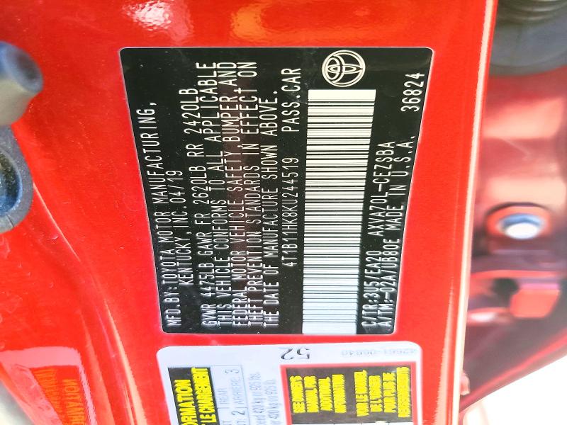 2019 Toyota Camry მანქანა იყიდება აუქციონზე, vin: 4T1B11HK8KU244519, აუქციონის ნომერი: 62249446
