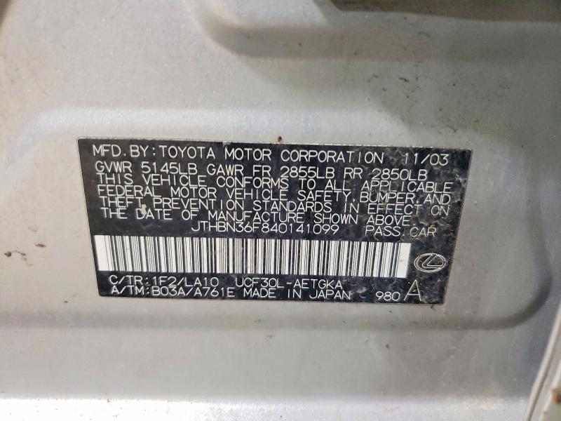 Aukcja sprzedaży 2004 Lexus Ls, vin: JTHBN36F840141099, numer aukcji: 62257276