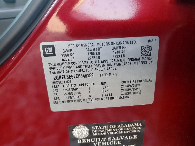 Aukcja sprzedaży 2012 Gmc Terrain, vin: 2GKFLSE57C6346189, numer aukcji: 62355366