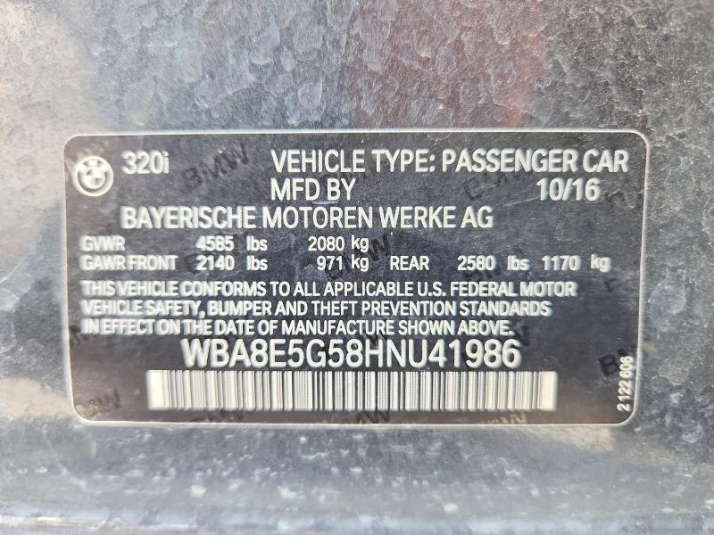 Aukcja sprzedaży 2017 Bmw 320, vin: WBA8E5G58HNU41986, numer aukcji: 63164466