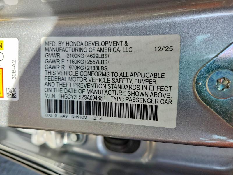 2025 Honda Accord მანქანა იყიდება აუქციონზე, vin: 1HGCY2F52SA094661, აუქციონის ნომერი: 59744386