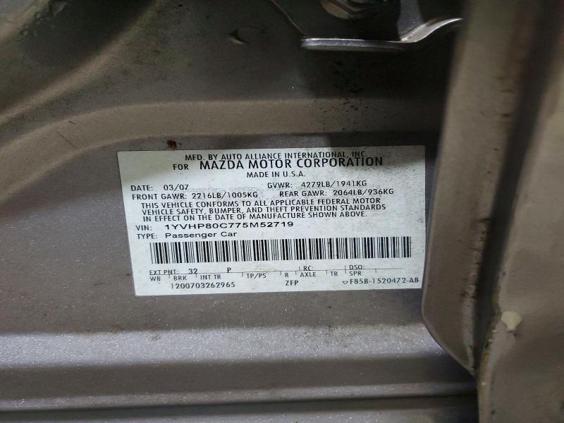 2007 Mazda 6 მანქანა იყიდება აუქციონზე, vin: 1YVHP80C775M52719, აუქციონის ნომერი: 62313686