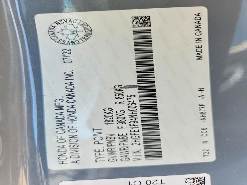 59603196 :رقم المزاد ، 2HGFE1F94NH006475 vin ، 2022 Honda Civic مزاد بيع