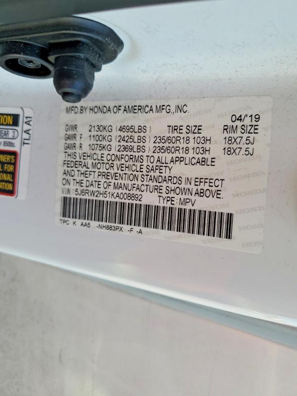 Aukcja sprzedaży 2019 Honda Cr-v, vin: 5J6RW2H51KA008892, numer aukcji: 59623936
