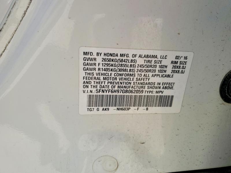 Aukcja sprzedaży 2016 Honda Pilot, vin: 5FNYF6H97GB062059, numer aukcji: 61394736