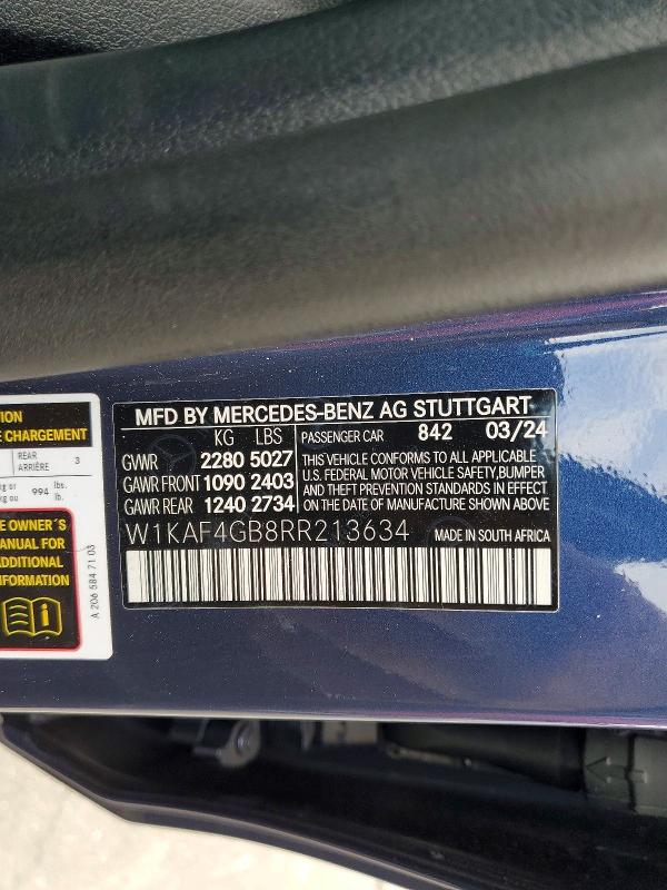 2024 Mercedes-benz C მანქანა იყიდება აუქციონზე, vin: W1KAF4GB8RR213634, აუქციონის ნომერი: 59404176