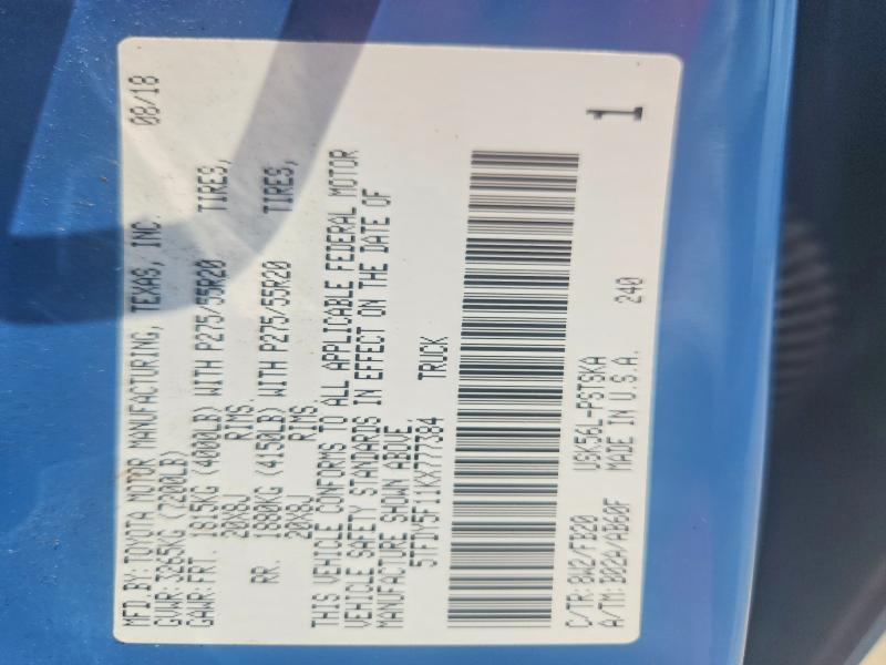 62409096 :رقم المزاد ، 5TFDY5F11KX777384 vin ، 2019 Toyota Tundra مزاد بيع