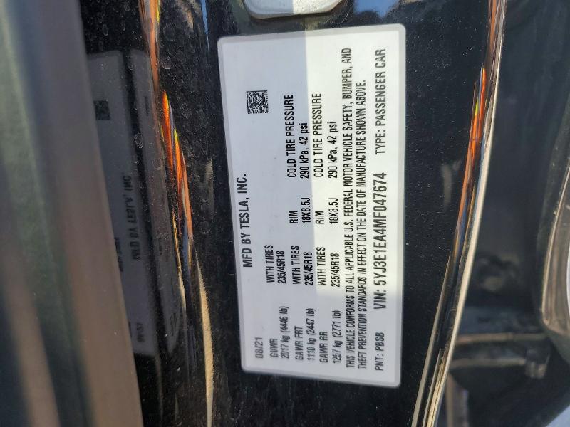 Aukcja sprzedaży 2021 Tesla Model 3, vin: 5YJ3E1EA4MF047674, numer aukcji: 59011596