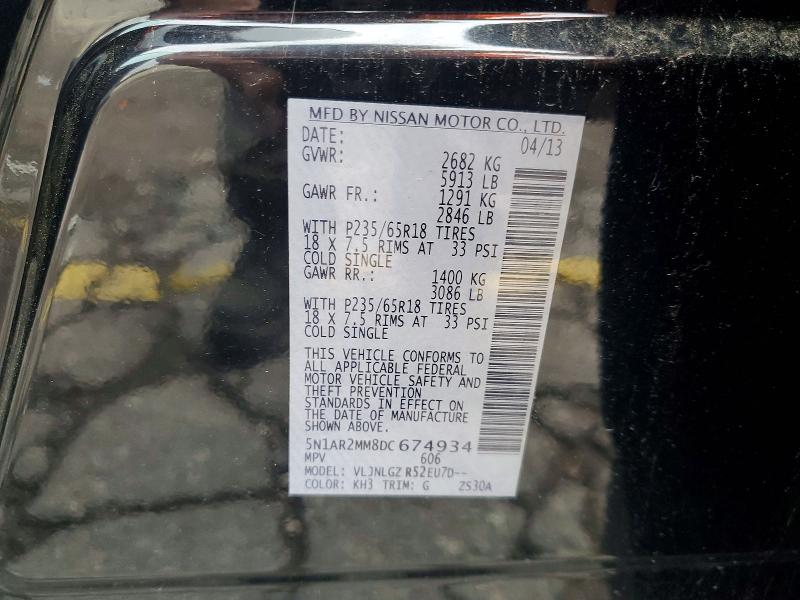 59787746 :رقم المزاد ، 5N1AR2MM8DC674934 vin ، 2013 Nissan Pathfinder مزاد بيع